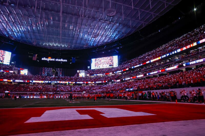 The Utah Utes partake in the “Moment of Loudness” while their team plays against the USC Trojans during the Pac-12 Championship at the Allegiant Stadium in Las Vegas on Friday, Dec. 2, 2022.