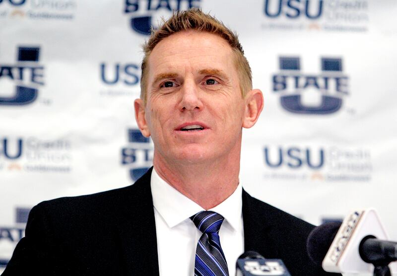 New Utah State football coach Blake Anderson answers questions at a press conference at Maverik Stadium in Logan.
