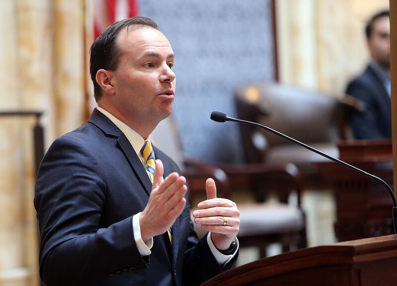 U.S. Sen. Mike Lee, R-Utah, speaks to the Utah Senate at the Capitol in Salt Lake City on Thursday, Feb. 22, 2018.
