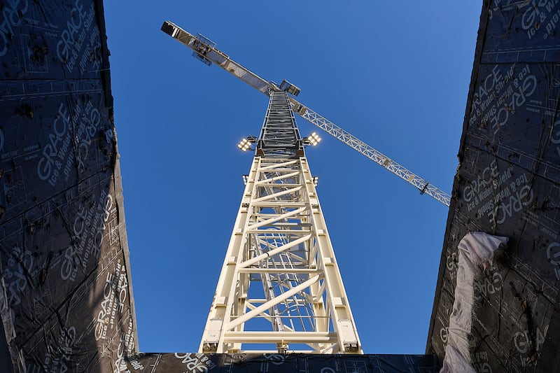 The 270-foot-tall north tower crane on Temple Square on Wednesday, Oct. 22, 2025. Crews dismantled the crane from the Salt Lake Temple construction site Oct. 27-29, 2025.