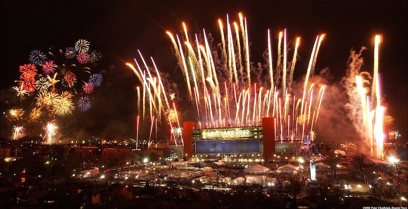 The closing ceremony of the 2002 Olympics takes place at Rice Eccles Stadium in Salt Lake City in 2002.