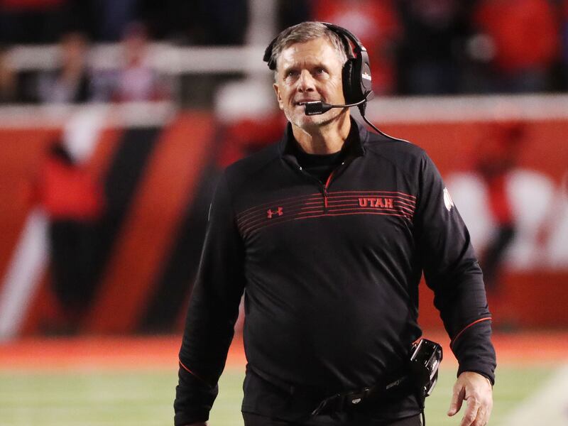 Utah Utes head coach Kyle Whittingham looks at the scoreboard during game against Arizona State in Salt Lake City on Saturday, Oct. 16, 2021.