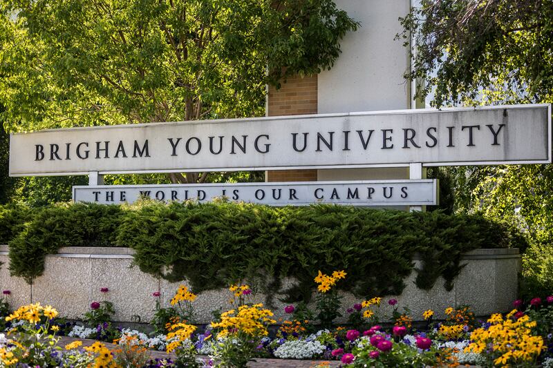 Brigham Young University’s landmark campus entrance sign is shown in 2017.