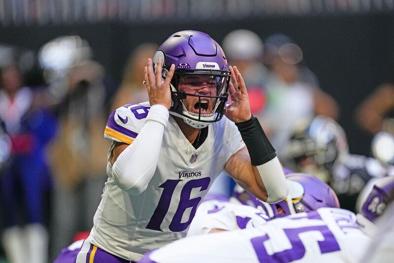 Minnesota Vikings quarterback Jaren Hall (16) yells to his teammates during an NFL football game against the Atlanta Falcons, Monday, Nov. 6, 2023, in Atlanta.