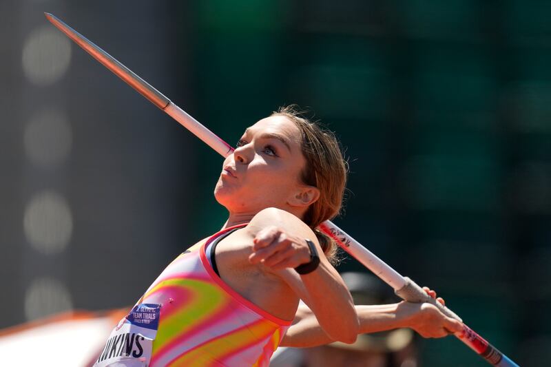 Former Utah State standout Chari Hawkins competes in the women's heptathlon javelin throw during the U.S. Track and Field Olympic Team Trials Monday, June 24, 2024, in Eugene, Ore. Hawkins will be among the U.S. contingent competing in Paris.