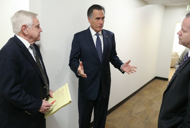 Mitt Romney, R-Utah, center, speaks with KSL’s Doug Wright, left, and Deseret News opinion editor Boyd C. Matheson in Salt Lake City on Thursday, Feb. 6, 2020.