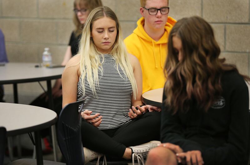 Corner Canyon High School student Lauren Crayk participates in meditation club at the school in Draper on May 22, 2018.