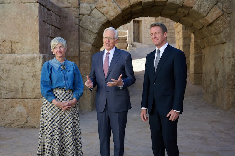 President D. Todd Christofferson, Young Women General President Emily Belle Freeman and Young Men General President Timothy L. Farnes stand on the Jerusalem set in Goshen, Utah, during filming of the Jan. 18, 2026, worldwide discussion for youth.