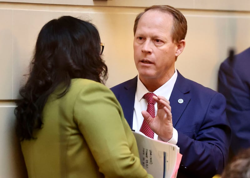 Senate Minority Leader Luz Escamilla, D-Salt Lake City, and Sen. Keith Grover, R-Provo, the Senate sponsor of HB261, titled “Equal Opportunity Initiatives,” speak at the Capitol in Salt Lake City on Jan 24, 2024.