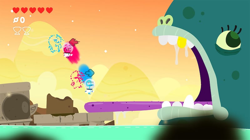 Two colorful astronauts jump toward a giant monster in "Joggernauts."