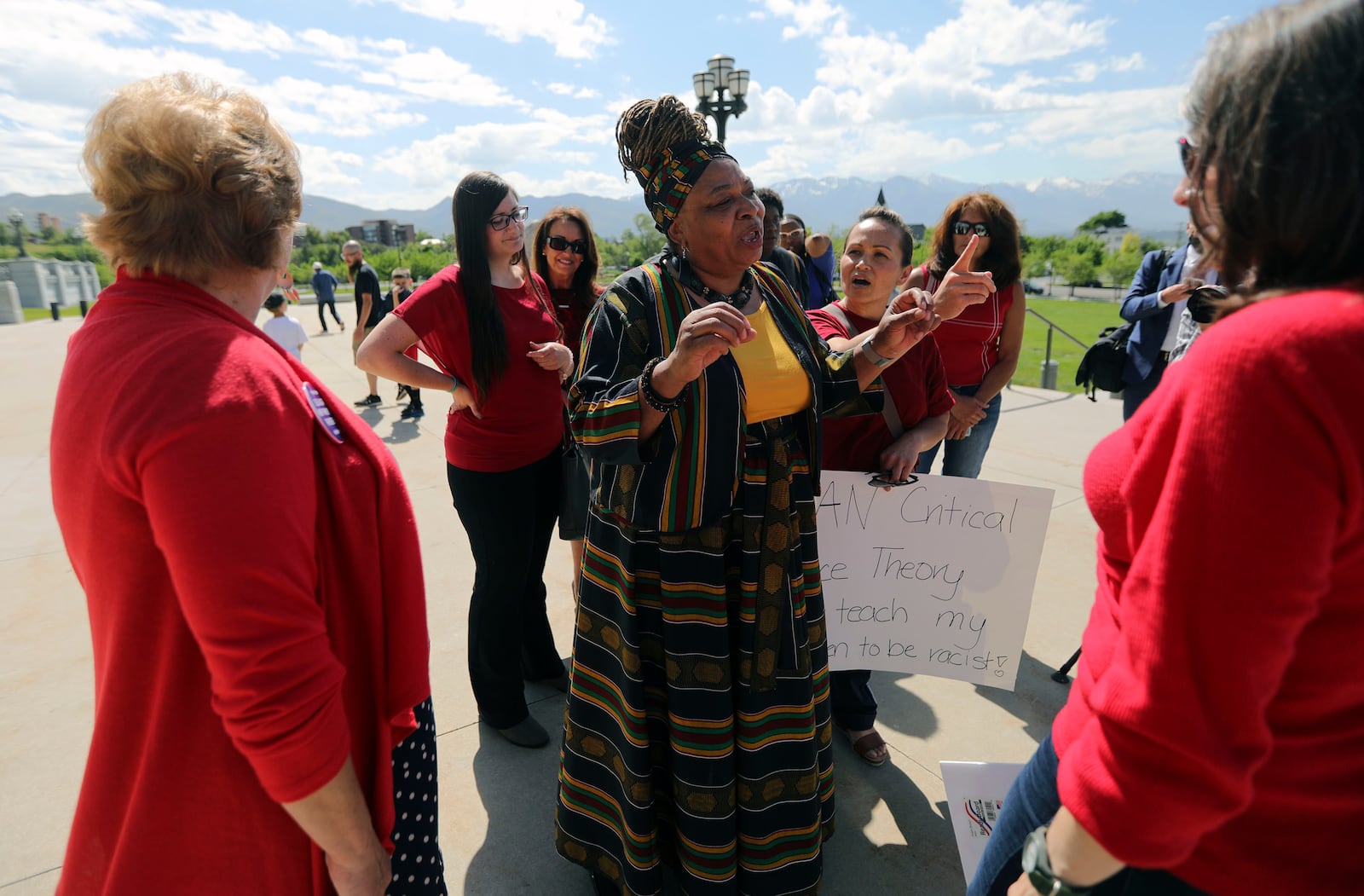 Betty Sawyer, a supporter of critical race theory, stands outside of the Capitol in Salt Lake City after a protest organized by the Utah Educational Equity Coalition. 