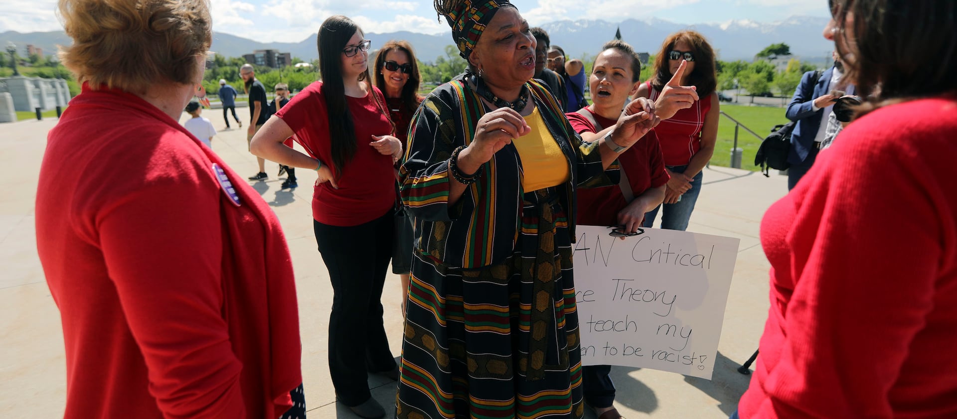 Betty Sawyer, a supporter of critical race theory, stands outside of the Capitol in Salt Lake City after a protest organized by the Utah Educational Equity Coalition. 