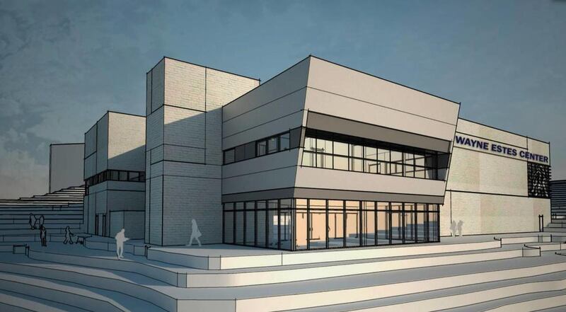 Artist's rendering of the Wayne Estes Center. Exterior view from the northwest.