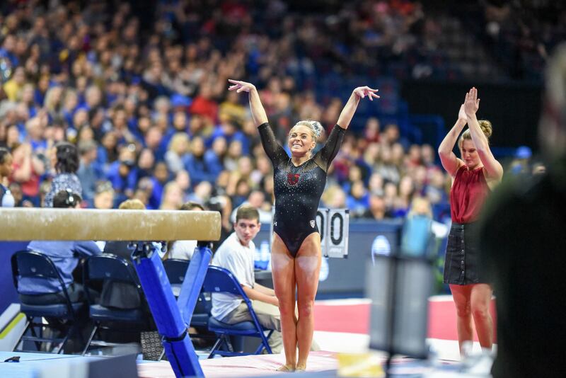 Utah's MyKayla Skinner locks in a 9.90 on beam at the Pac-12 Championship in Tucson, Ariz. on Saturday, March 24, 2018. On Wednesday, the Pac-12 announced the conferences championship will be staged in West Valley City at the Maverik Center for the next t