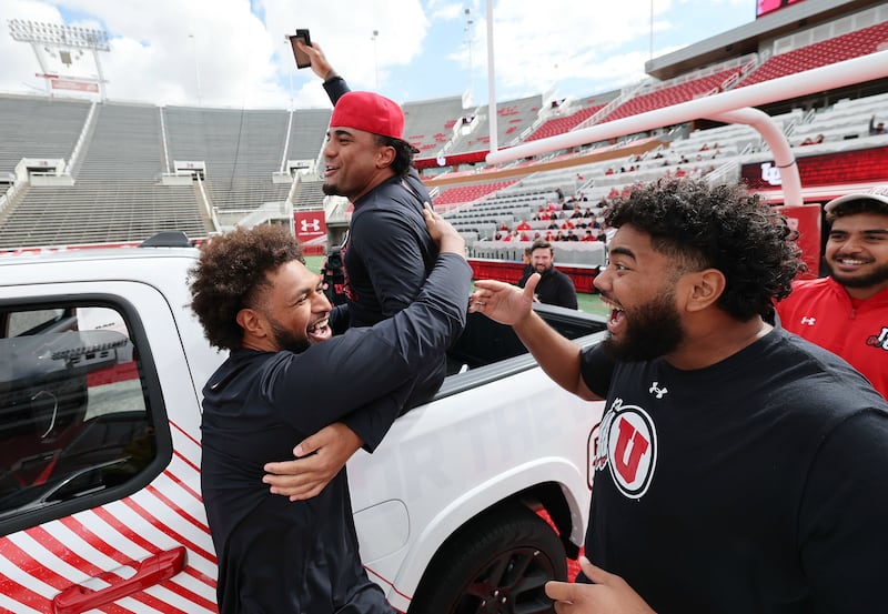 Utah Utes players linebacker Levani Damuni, defensive tackle Tevita Fotu and offensive lineman Solatoa Moea’i.