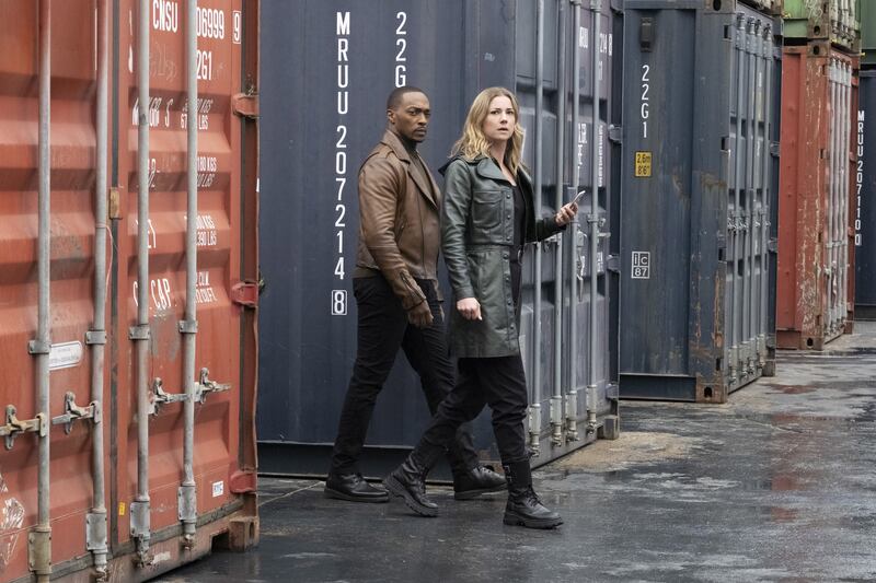 Sam (Anthony Mackie) and CIA Agent Sharon Carter (Emily VanCamp in “The Falcon and the Winter Soldier.”