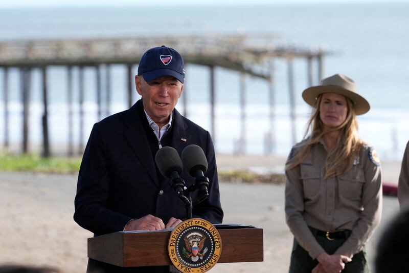 President Biden gives a speech near a beach in California on Jan. 19, 2023.