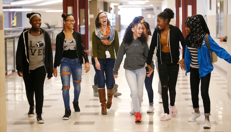 Dr. Alli Martin walks with Northwest Middle School students where she is an assistant principal in Salt Lake City on Friday, Dec. 22, 2017. Martin researched racist events that take place in schools for her doctorate degree.