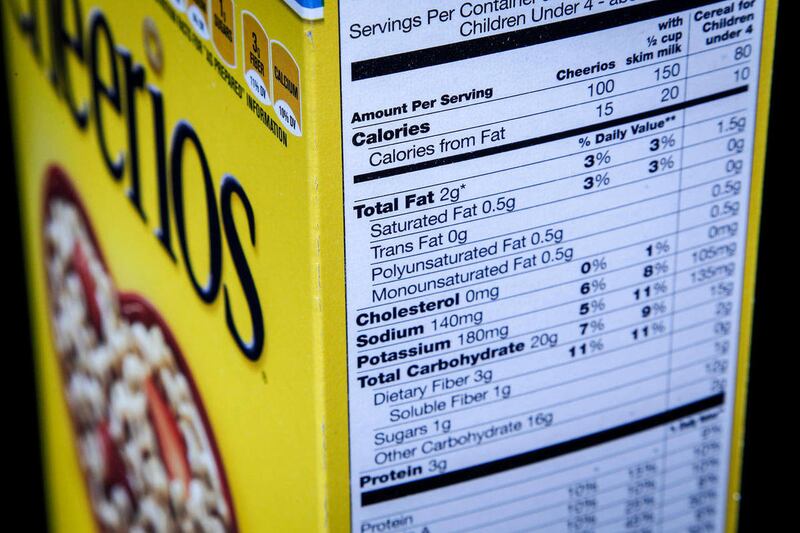 The nutrition facts label on the side of a cereal box is photographed in Washington, Thursday, Jan. 23, 2014. Nutrition labels on the back of food packages may soon become easier to read. The Food and Drug Administration (FDA) says knowledge about nutriti