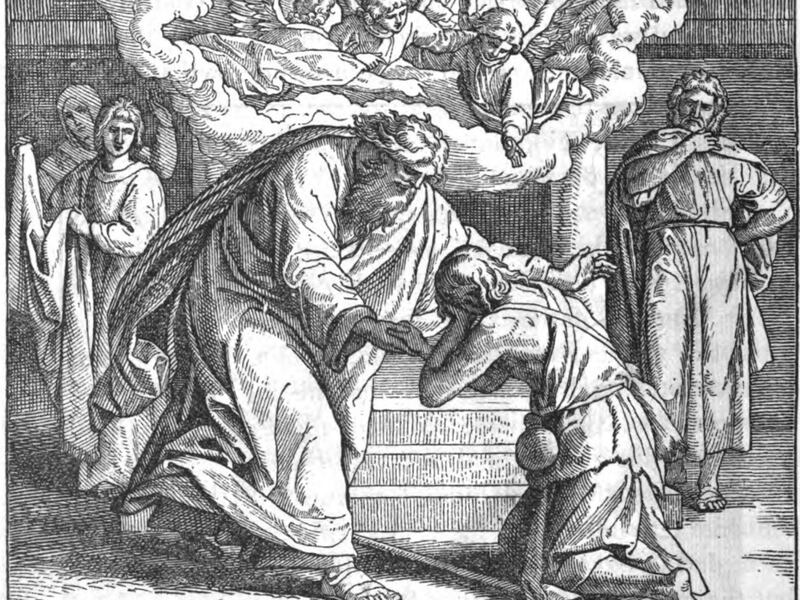 A black and white drawing of the prodigal son returning to his father with figures looking on at him.