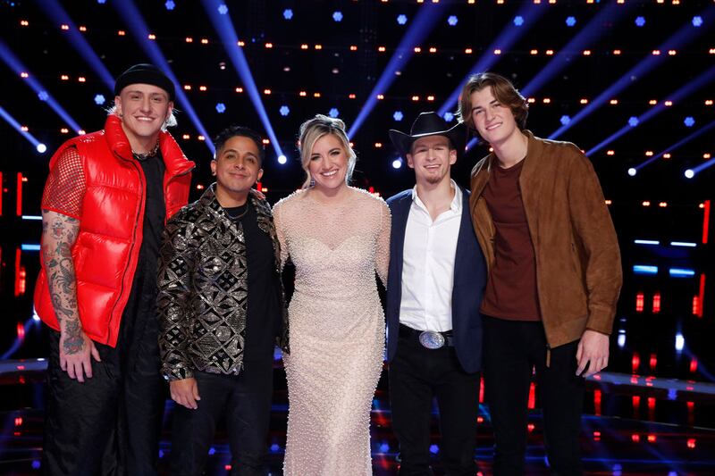 Bodie, Omar Jose Cardona, Morgan Myles, Bryce Leatherwood and Brayden Lape on “The Voice.”