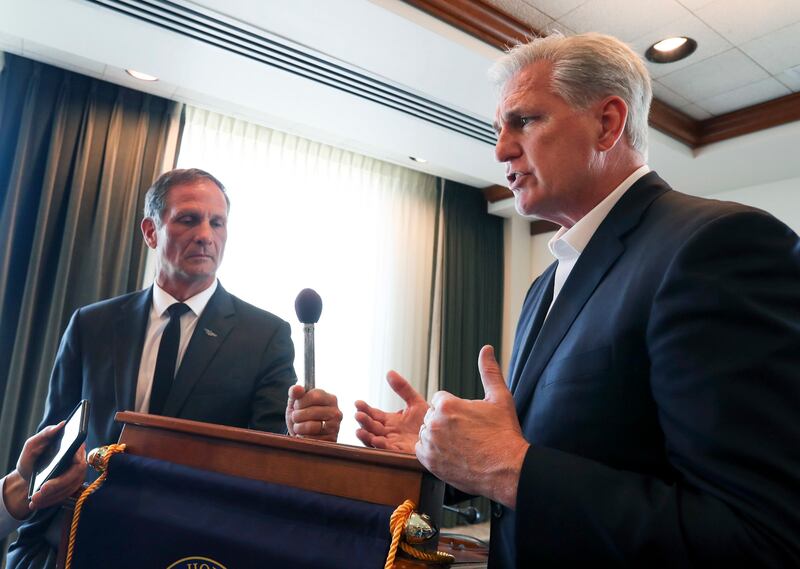 Rep. Chris Stewart, R-Utah, left, and House Minority Leader Kevin McCarthy, R-Calif., answer questions from members of the media after the fifth annual Stewart Security Summit at the Joseph Smith Memorial Building in Salt Lake City on Friday, Aug. 2, 2019