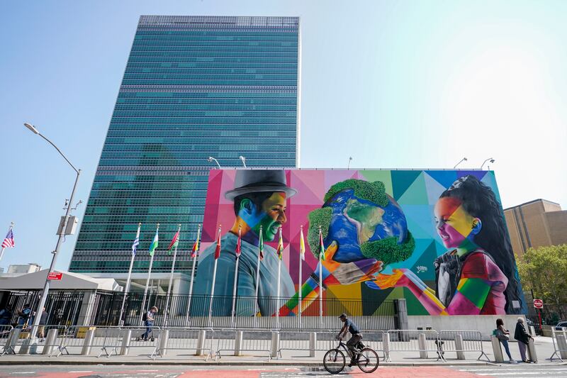 A mural by Brazilian artist Eduardo Kobra is displayed outside the United Nations headquarters.