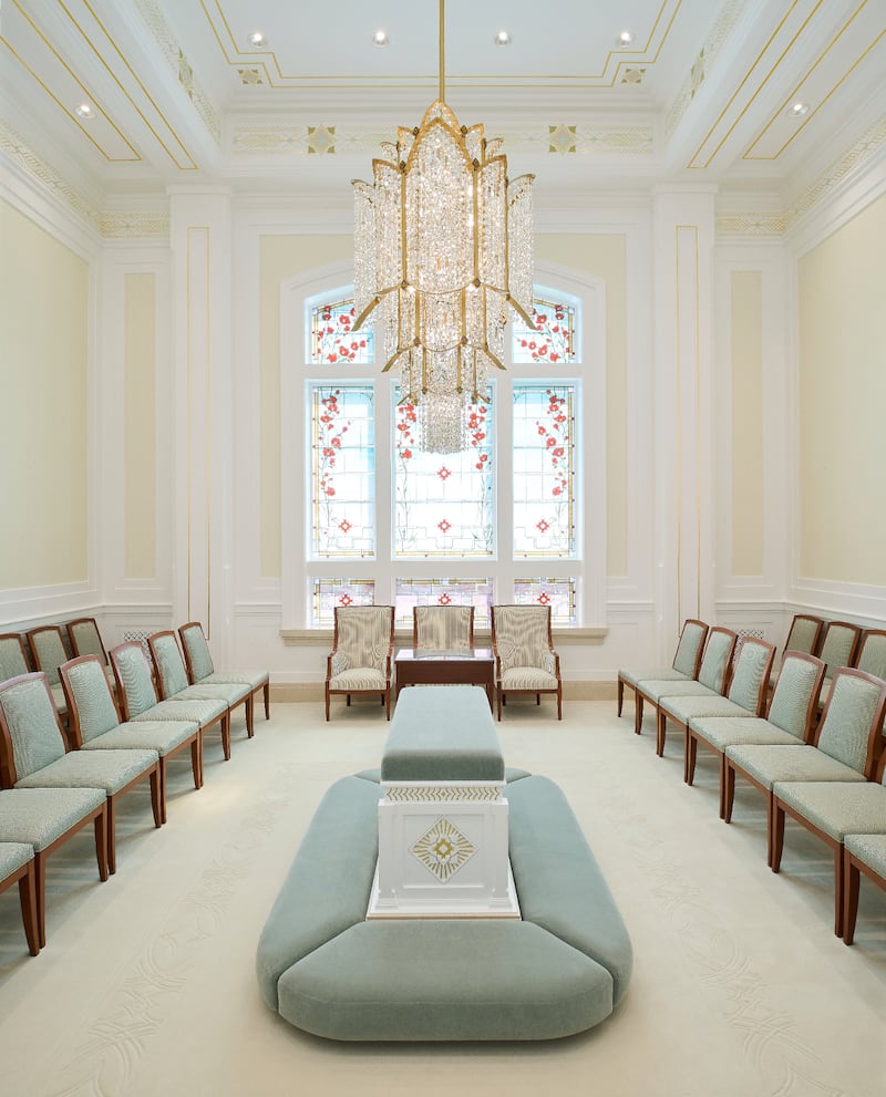 A sealing room in the Farmington New Mexico Temple, which The Church of Jesus Christ of Latter-day Saints invited the public to tour from July 17 to Aug. 2, provides a place where husbands and wives can kneel at an altar and promise to be faithful to each other and God.