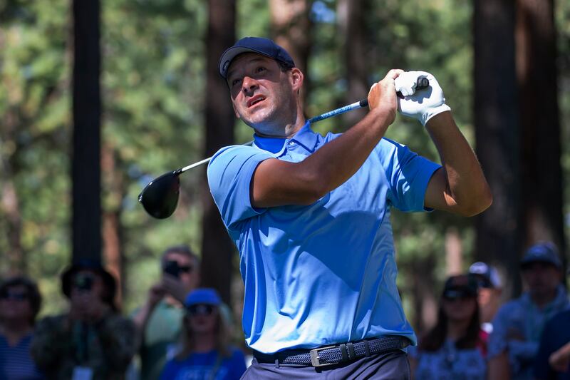Tony Romo watches a tee shot on the second hole during the first round of the American Century Celebrity Championship golf tournament at Edgewood Tahoe Golf Course in Stateline, Nev., Friday, July 8, 2022. The former NFL quarterback will be among the field competing in the Utah Open this weekend at Riverside Country Club in Provo.