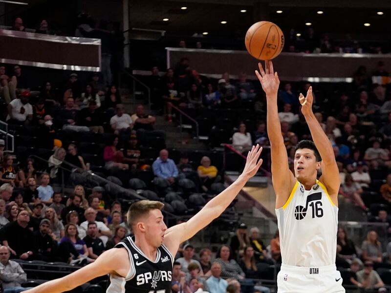 Utah Jazz forward Simone Fontecchio shoots against the San Antonio Spurs Tuesday, Oct. 11, 2022, in Salt Lake City.
