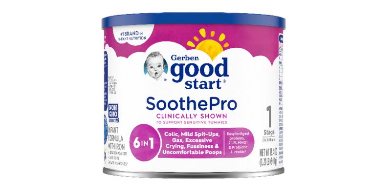 A container of Gerber Good Start SoothePro Powdered Infant Formula.