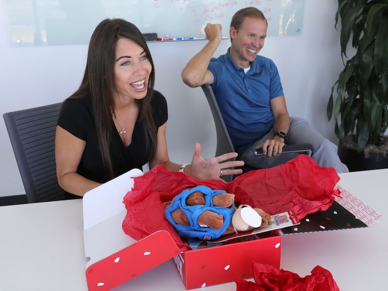 Melanie Alder and David Wright, co-founders of Pattern, talk about the Kong Box, a gift box of dog toys, at the Pattern office in Lehi on July 3, 2019.