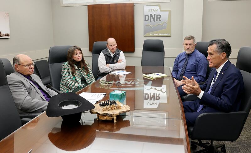 Sen. Mitt Romney, R-Utah, meets with members of the federal Wildland Fire and Mitigation Commission.