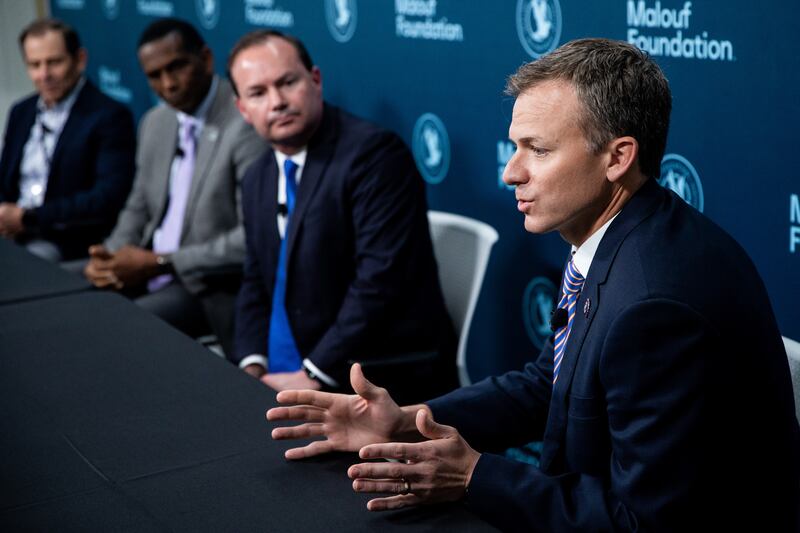 Rep. Blake Moore, R-Utah, talks to journalists at the Human Trafficking Policy and Education Summit at the Malouf Foundation in Logan on Saturday, April 17, 2021. With Moore are Reps. John Curtis and Burgess Owens, and Sen. Mike Lee, all R-Utah.