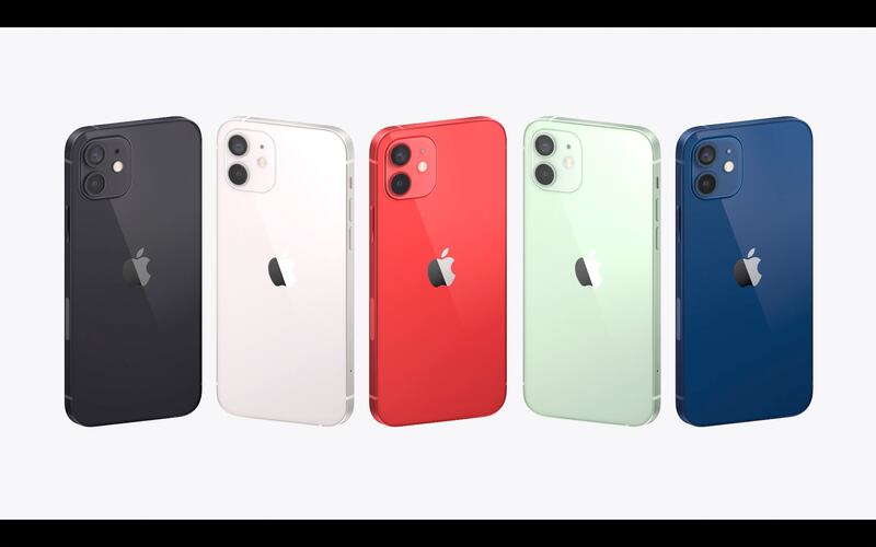 This image provided by Apple shows a display of the new iPhones equipped with technology for use with faster new 5G wireless networks that Apple unveiled Tuesday, Oct. 13, 2020.