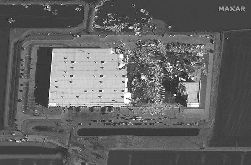 Satellite photo shows a close-up of an Amazon warehouse in Edwardsville, Ill., after severe storms moved through the area.