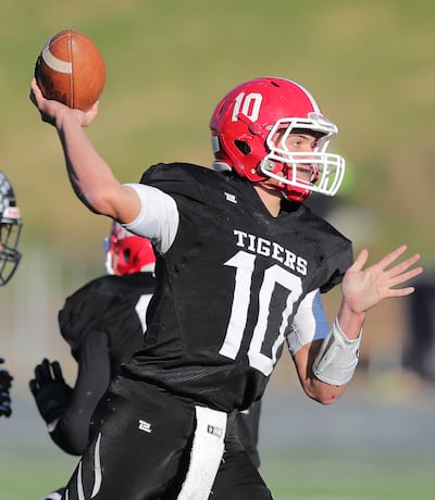 Milford's quarterback Bryson Barnes sets and passes as they and Duchesne play in the 1A state football championship at Weber State's Stewart Stadium in Ogden on Saturday, Nov. 10, 2018. Milford won 45-14.