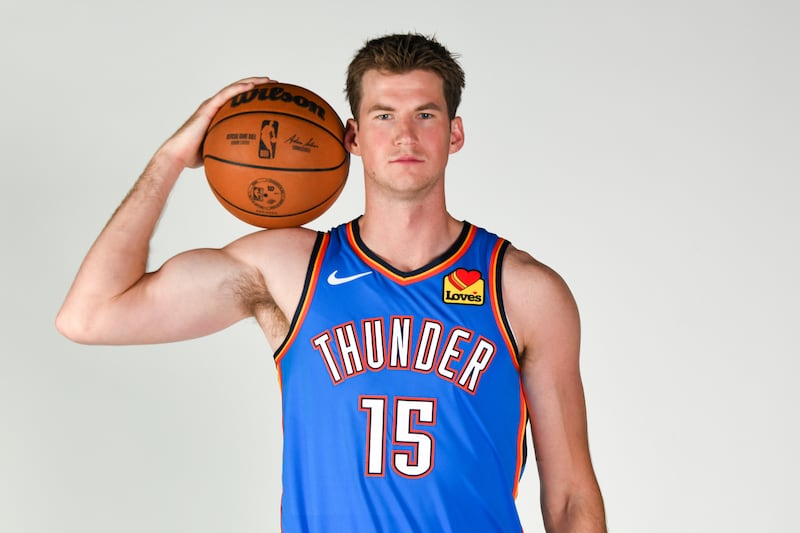 Oklahoma City Thunder center Branden Carlson poses for a photo during the team's media day, Monday, Sept. 29, 2025, in Oklahoma City.