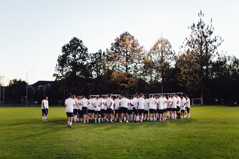 BYU students gather on the field during BYU men's soccer open tryouts for the 2016 squad.