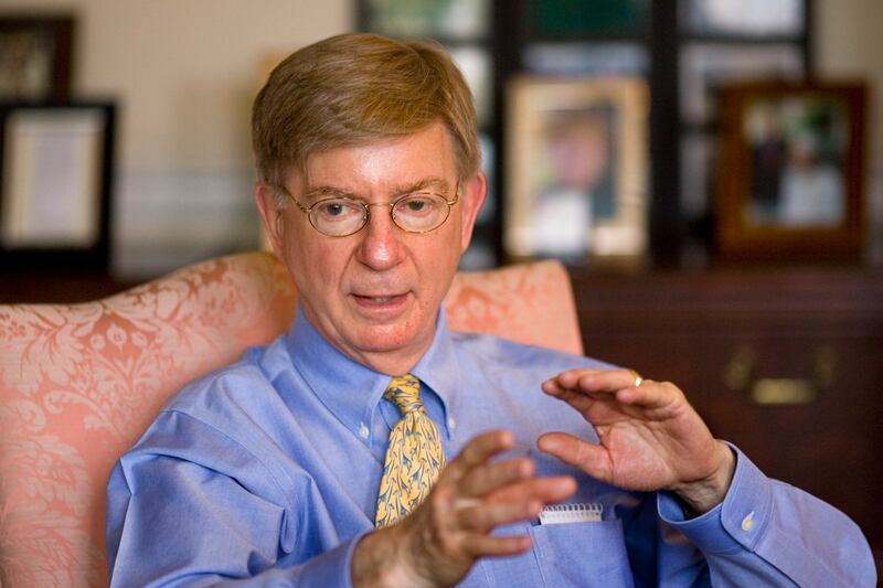 Conservative columnist and pundit George Will, is interviewed in this office in the Georgetown section of Washington on Tuesday, April 22, 2008.
