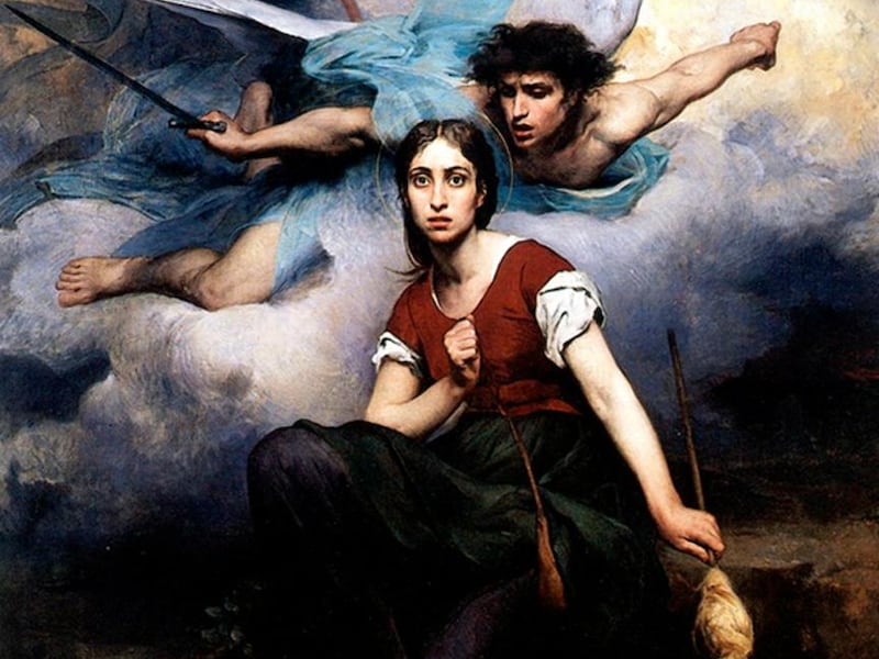 “Jeanne d’Arc Écoutant les voix” by Eugene Thirion in 1876 depicts Joan of Arc’s awe upon receiving a vision from the Archangel Michael.
