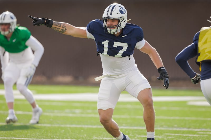 BYU linebacker Jack Kelly, a transfer from Weber State, goes through spring drills in Provo on March 8, 2024.