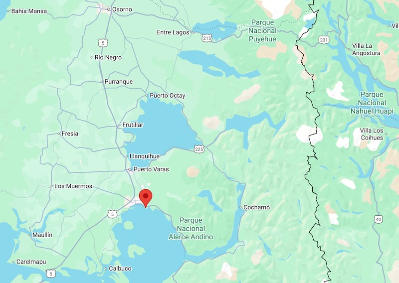 A map showing a pin of where the Puerto Montt Chile Temple site is, with nearby cities.