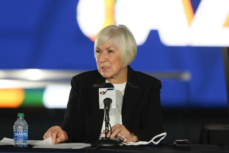 Gail Miller speaks at a press conference announcing the sale of the Utah Jazz to Qualtrics CEO Ryan Smith on Oct. 28, 2020.