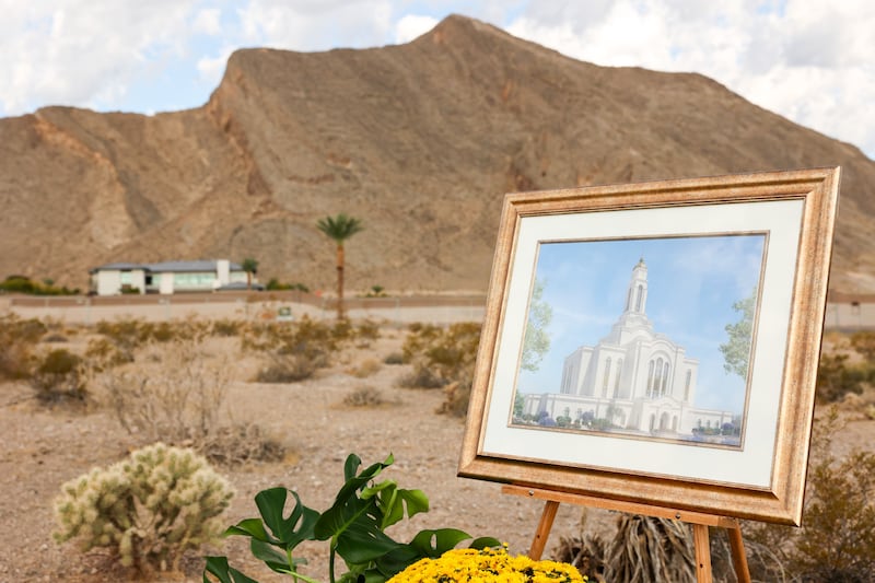 An exterior rendering of the Lone Mountain Nevada Temple is shown at the temple's groundbreaking on Sept. 25, 2025, in northwestern Las Vegas, Nevada.