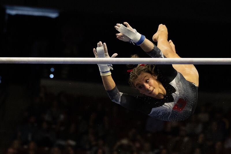 Utah’s Grace McCallum competes on the bars during the Collegiate Quads at Maverik Center in West Valley City on Jan. 13, 2024.