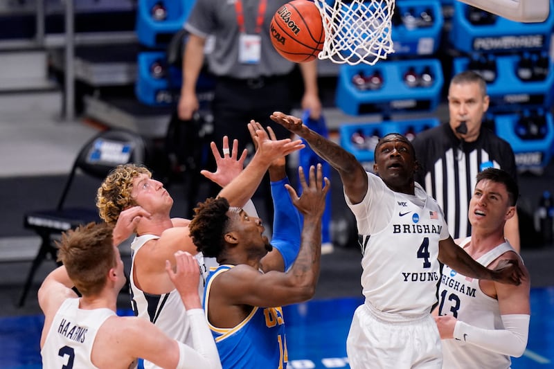 BYU guard Brandon Averette reaches for a rebound against UCLA during NCAA Tournament game at Hinkle Fieldhouse.
