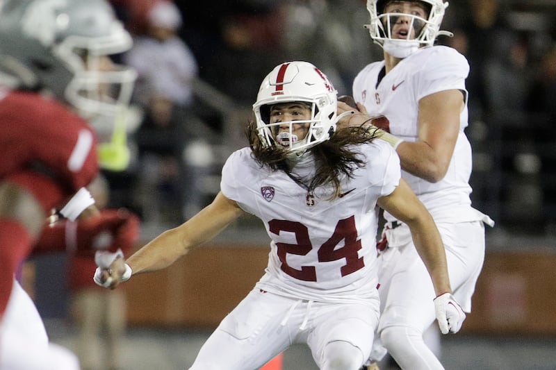 Stanford wide receiver Tiger Bachmeier (24) prepares to block during the second half of a game against Washington State, Saturday, Nov. 4, 2023, in Pullman, Wash.