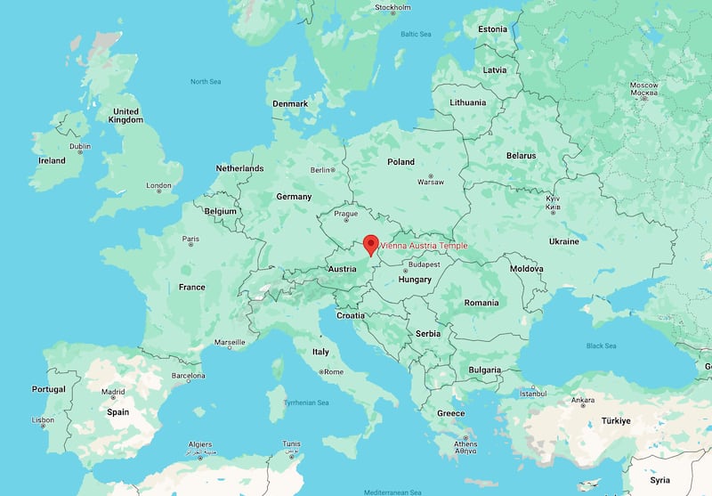 The location of the Vienna Austria Temple site in relation to Europe.