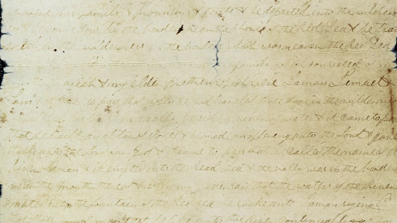 Detail from a page of the original Book of Mormon manuscript containing the departure of Lehi’s family from Jerusalem (1 Nephi 2).